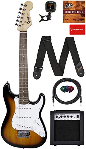 Fender Squier 3/4 Size Kids Mini Strat Electric Guitar Learn-to-Play Bundle w/Amp, Cable, Tuner, Strap, Picks, Fender Play Online Lessons, and Austin Bazaar Instructional DVD - Brown Sunburst