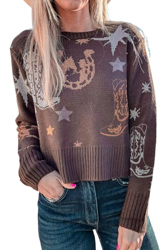 Urchics Womens Western Sweater Brown Cowgirl Fashion Print Casual Sweater