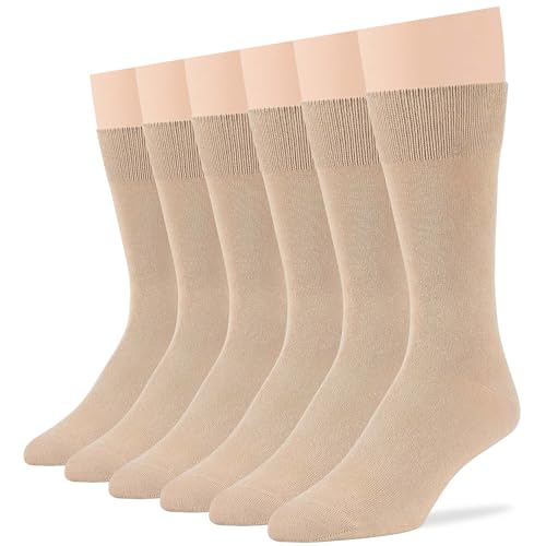 7BIGSTARS KINGDOM Mens Dress Socks Cotton - 6 Pack Large - Solid Casual Crew Lightweight Business Work Sock Size 10-13 Shoe 9-12 L Beige