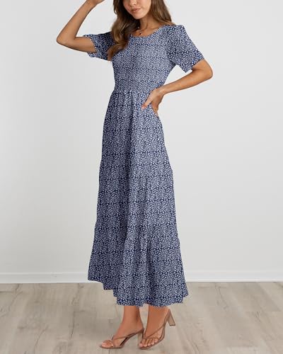 Image of BTFBM Women Casual Short Sleeve Crew Neck Summer Dress Bohemian Floral Printed Flowy Maxi Dresses Tiered Cocktail Dress
