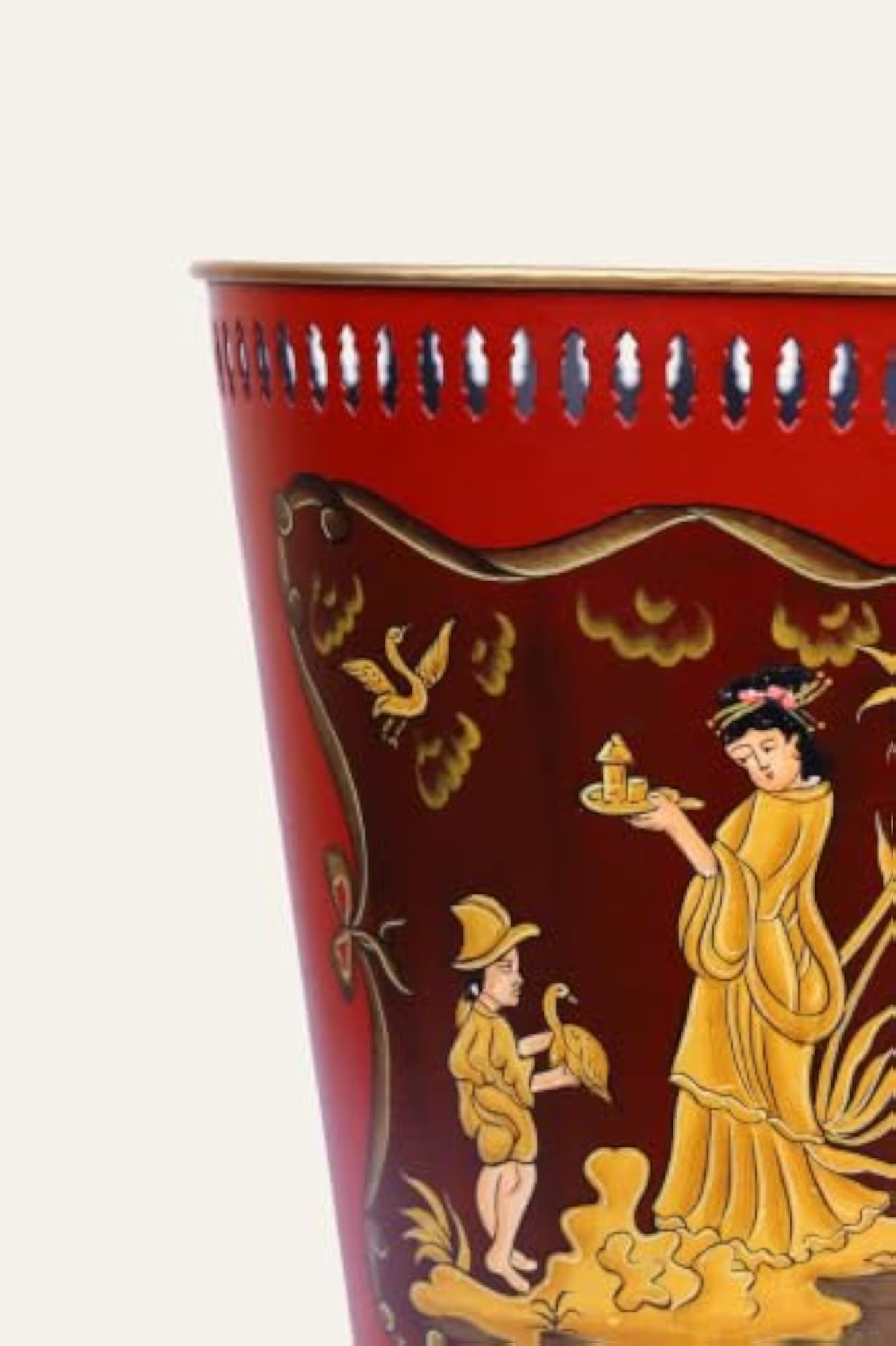 Red Chinoiserie Waste Basket, Oriental Decorative Trash Can