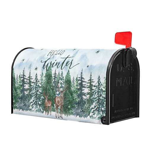 Image of Hello Winter Welcome Pine Trees Mailbox Covers Magnetic Standard Size 18 inchx21 inch Christmas Snow Green Forest Mailbox Cover Winter Mailbox Wraps Post Letter Box Cover Decor for Home Garden Yard