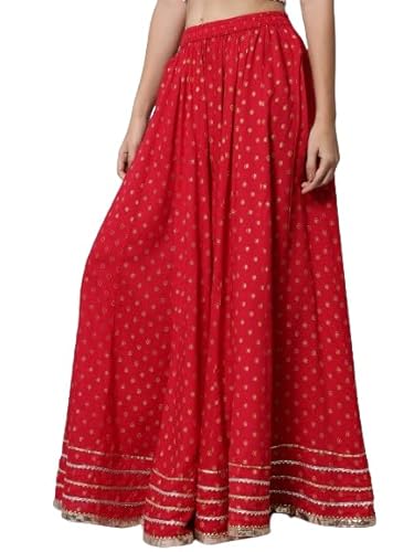 Women Ethnic Wear Gota Lacs Work Printed Flared Full Length Long Skirt -Pink