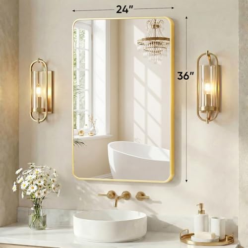 Image of Sweetcrispy Bathroom Mirror for Over Sink, 24x36 Inch Wall Mount Mirror with a Rounded Rectangle and Matte Metal Frame, Modern Wall Vanity Mirrors for Home Decor, Living Room, Bedroom, Gold