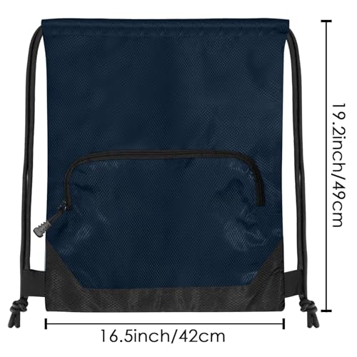 Drawstring Backpack Sports Gym Sackpack for Men Women,Patchwork Color Waterproof Drawstring Bag,Cinch Bag with 2 Zipper Pockets,String Backpack for Beach Basketball Football,Navy blue L2