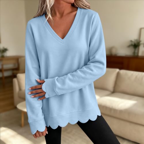 Oversized Scalloped Sweatshirt for Women Casual Pullover Tops Blue L - image 2