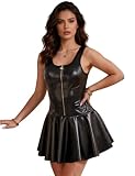 ohyeahlady Taglie Forti Vestito Corto Donna PU Pelle Senza Schienale Mini Abito Curvy con Cerniera Tubino Elegante Aderente Vestiti Discoteca con Zip Dress Bodycon per Feste Clubwear Nero,XXL
