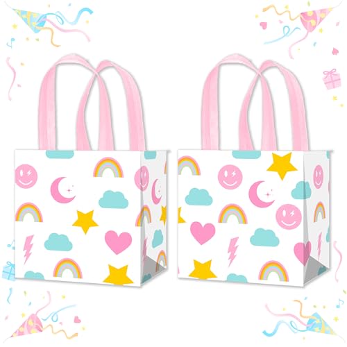 Preppy Pastel Birthday Party Bags with Handles 12Pcs Rainbow Macaron