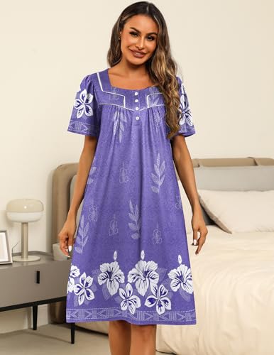 Image of Ekouaer Women's House Dress with Pocket Button Mumus | Short Sleeve Nightgown, Floral Print Mumu Dresses, Square Casual Sleepwear, Boho Roomy Housecoat, Plus Size Soft Sleepwear