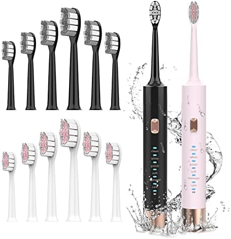 Aneebart Sonic Electric Toothbrush 2 Pack，Electric Toothbrush for Adults and Kids ，Travel Electric Toothbrush Includes 12 Dupont Brush Heads，6 Modes with 2 MIN Smart Time (Black Pink)