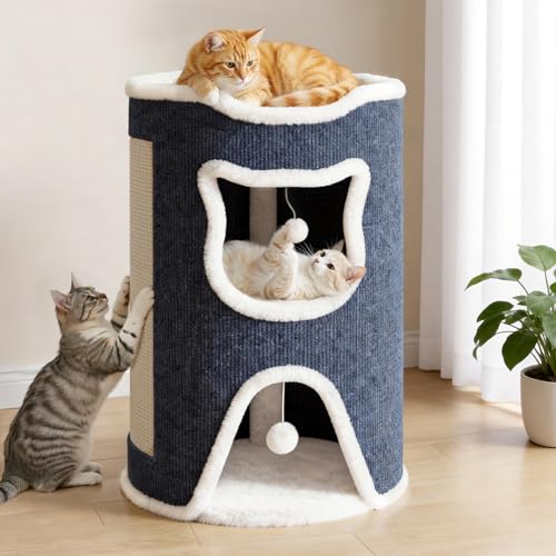 Klyvvo 40x40x60cm Großes Katzenhaus belastbar 30 kg Komfortables Katzenbett Katzen Bettchen Katzenhöhle mit Kratzbaum Spielball für mittelgroße große Katzen grau Doppellagig