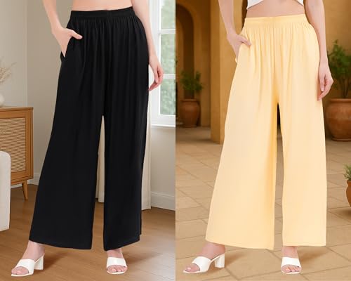 Image of Buy That Trendz Palazzo Pants for Women Cotton Rayon Elasticated Regular Fit Flared Wide Leg M to 6XL Pack of 2