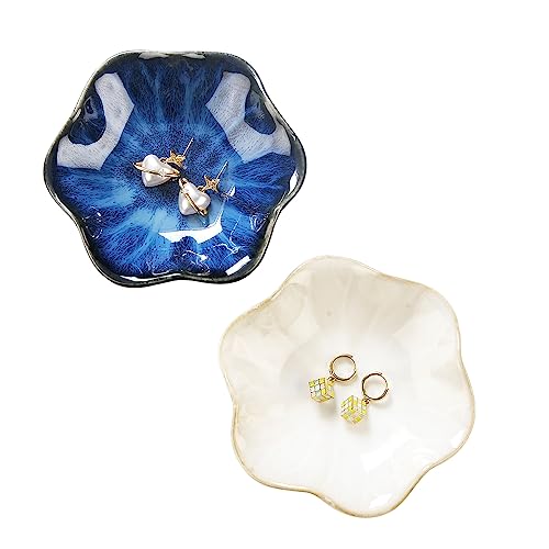 Image of 2PCS Lotus Leaf Shape Ring Holder Dish, Small Key Bowl, Ceramic Trinket Tray Jewelry Dish Organizing Necklace Earrings for Mom Friend Sister, All Jewelries Are NOT Included.White+Deep Blue.
