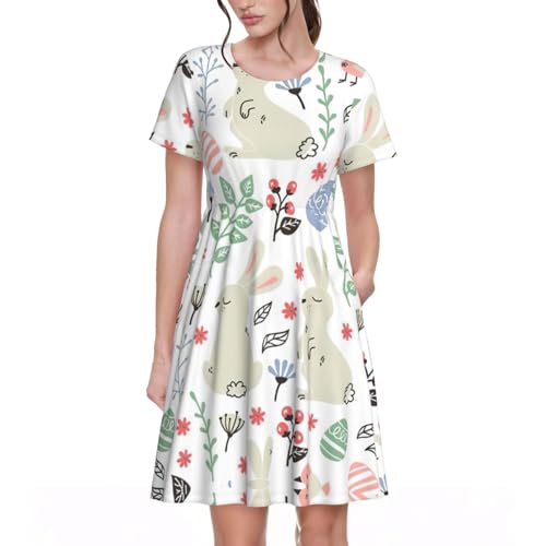 Robe d'été motif fleurs lapins oiseaux EdWal coupe mi-longue
