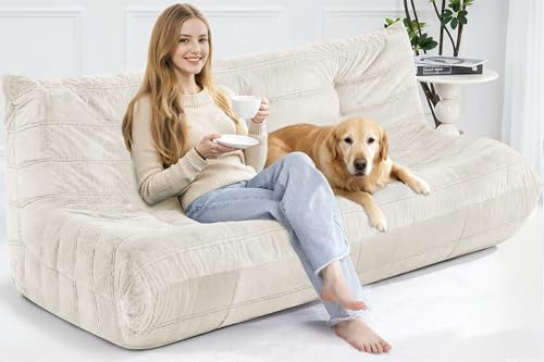 Image of Bean Bag 3-Seater Chair Big Sofa Beanbag Chair for Adults Fireside Chair Bean Bag Lounger with Memory Foam Filled for Home,Apartment or Gaming Venue（Beige Plush）