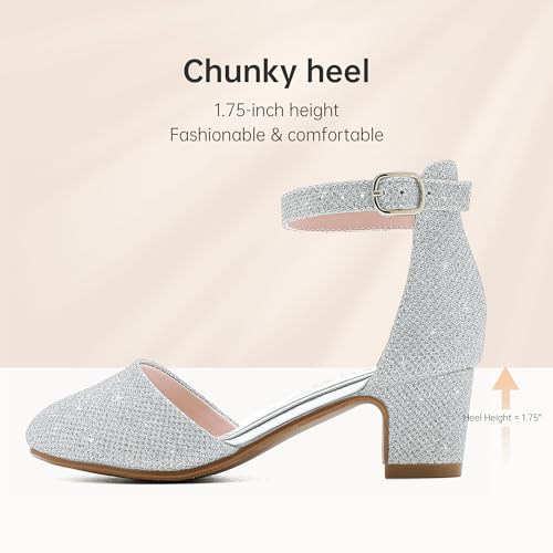Image of LAURMOSA Girls Dress Shoes Closed Toe Pumps High Heels for Little Big Kid | Flower Shoes for Girls, 1.75-inch Chunky Heel, Ankle Strap, Closed Toe, Wedding, Party, Church, Graduation, First Communion