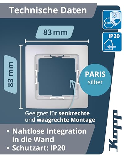 Kopp PARIS 1-fach Abdeckrahmen in Silber - 10 Stück - 83 x 83 x 9,5 mm - Rahmen für Steckdosen & Schalter - Stilvoller Steckdosenrahmen aus… – Ansicht 2
