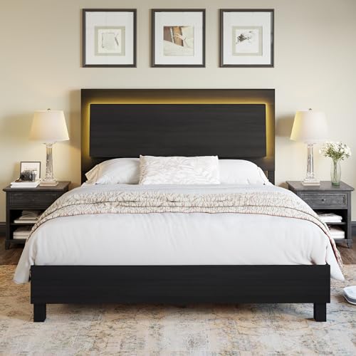 AMERLIFE Rustic Wood Full Bed Frame with LED Lights - No Box Spring Needed, Noise-Free Support, Black