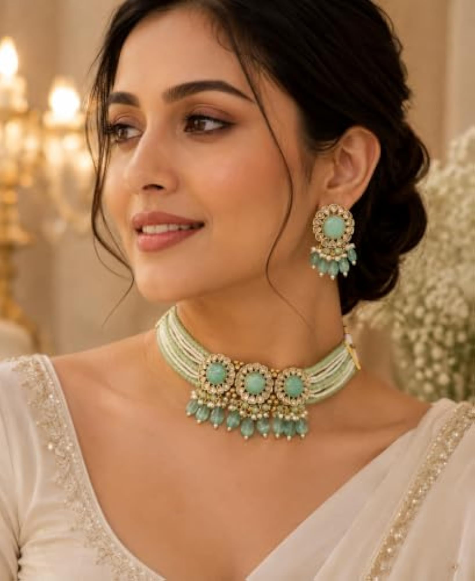 Mint Green Kundan Beaded Choker Set