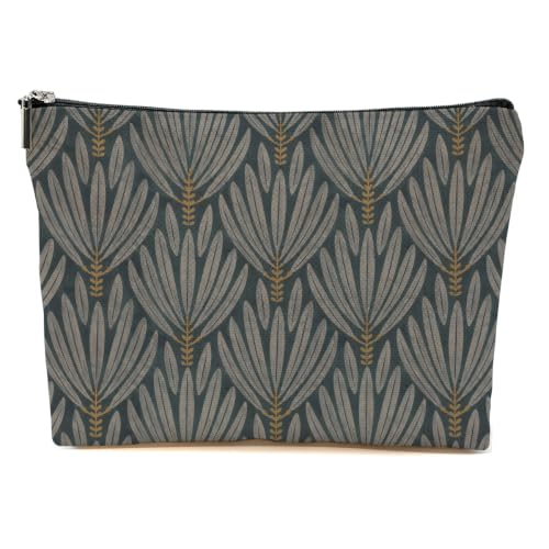 Blue Leaves Stylized Leaf Makeup Bag Gray Gold Cosmetic Bag