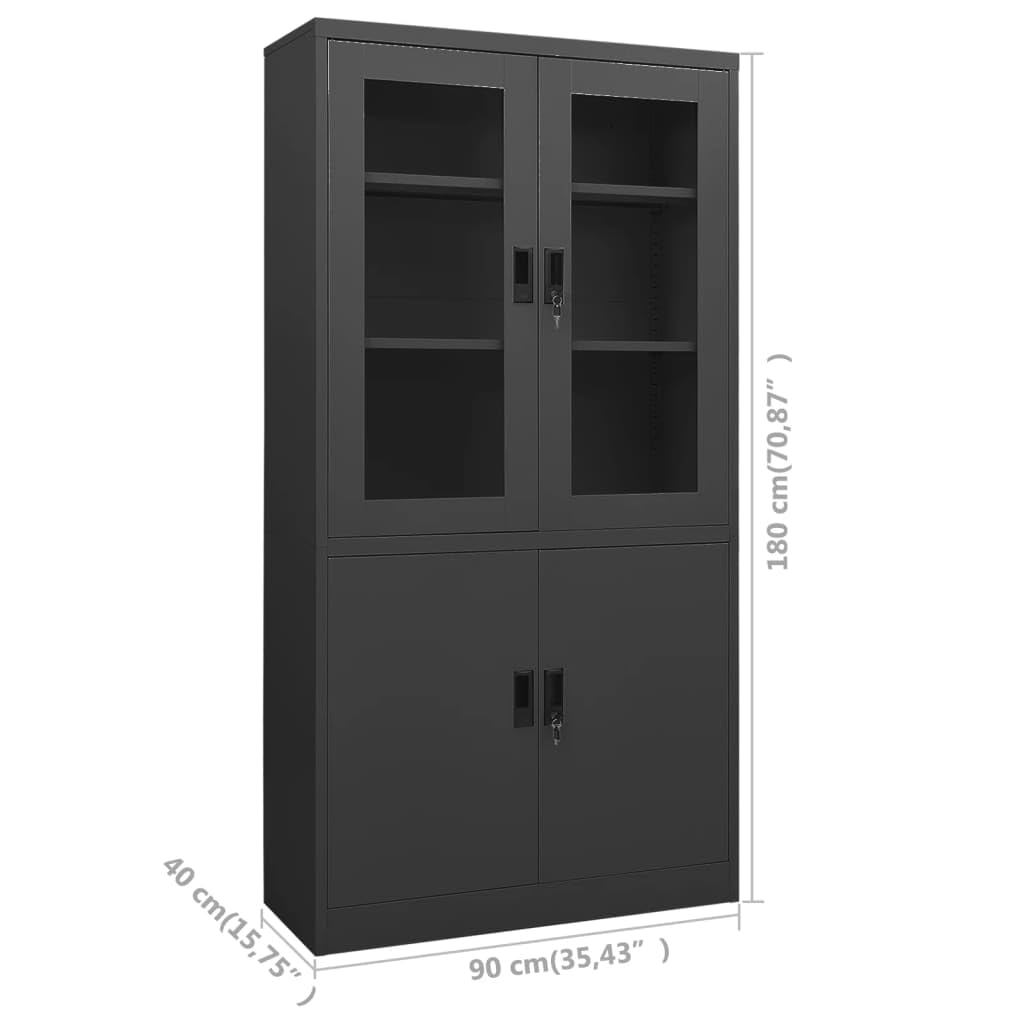Hothingwell Antracytowa szafka biurkowa 90x40x180 cm ze stali, segregator z 3 regulowanymi półkami i 2 zamkami, drzwi ze szkła hartowanego do bezpiecznego przechowywania.