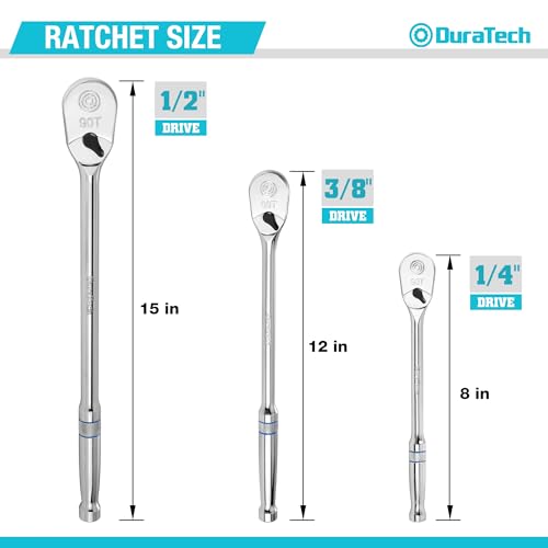 Extra Long Drive Ratchet Set for Men, 1/4, 3/8, 1/2 - 90-Tooth Reversible Wrench with Dust Proof Enclosed Head, CR-V Steel, Full Polished