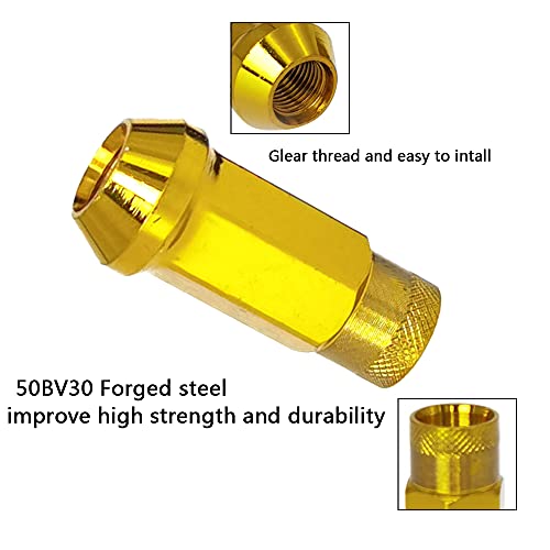Image of Lug Nuts M12x1.5 Open End Wheel Nuts,Taper Acorn Seat, Forged Locknut Racing Nut 20 Set 2 Pieces Total 22 Pieces and 1 Nut Socket Key (Golden M12 x P1.5)