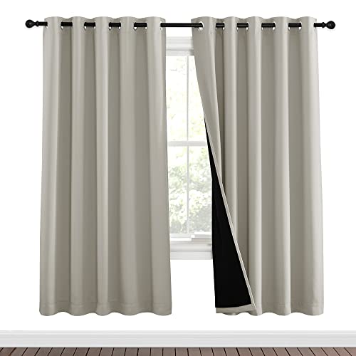 Image of NICETOWN 100% Blackout Window Curtain Panels, Full Light Blocking Drapes with Black Liner for Nursery, 72-inch Drop Thermal Insulated Draperies (Natural, 2 Pieces, 62-inch Wide Per Panel)