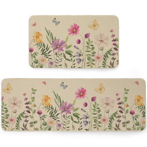ARKENY Floral Spring Kitchen Mats Set of 2, Kitchen Rugs and Door Mats, Home Decor Low-Profile Flowers Kitchen Rugs for Floor - 17x29 and 17x47 Inch AKM058