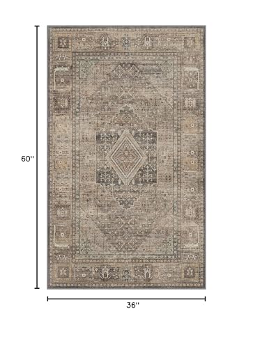 GENIMO 3x5 Vintage Area Rug, Machine Washable, Non Slip & Low Pile Lightweight for Living Room, Entryway, Bedroom, Kitchen, TAN