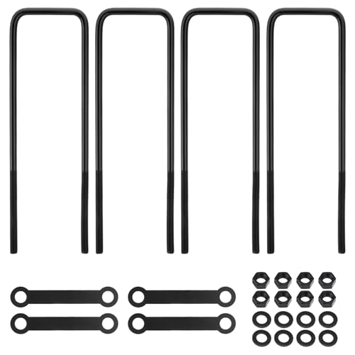 Image of 16 Inch Square Bend U-Bolt Kit for Truck Chassis | Heavy-Duty Steel Suspension Leaf Spring U Bolts with 6 Inch Tie Plates
