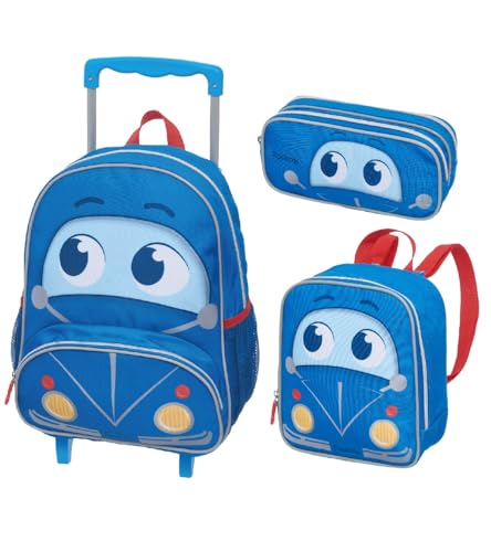 Kit Mochila Rodinhas Lancheira Térmica Costas Estojo Duplo Pack Me Mini Carro Little Blue Pacific