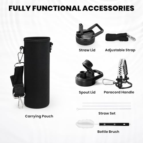 Image of RAYMYLO Insulated Water Bottle 24 oz, Triple Wall Vacuum Stainless Steel (Cold for 24Hrs, Hot for 12Hrs), Leak Proof & Non-BPA, Modern Water Flask Jug with Paracord Handle & Straw Spout Lids