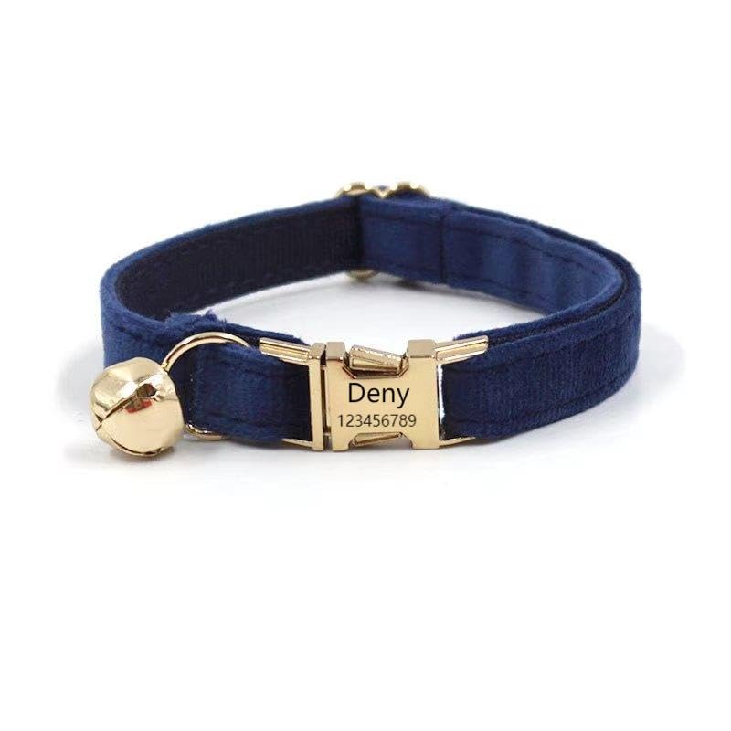 Collare di gatto in velluto artificiale morbido personalizzato, Tag personalizzato del gatto, Collare del gatto inciso laser del bottone del metallo, circonferenza del collo 16-32 cm(Blu navy)