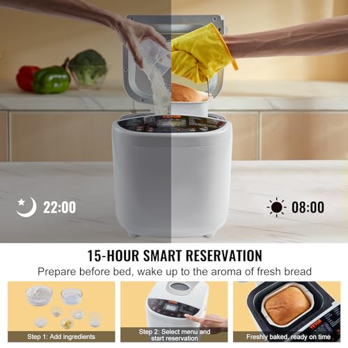 Image of VEVOR Bread Maker, 19-in-1 2LB Dough Machine, Nonstick Ceramic Pan Automatic Breadmaker with Gluten Free Setting, Whole Wheat Bread Making, Digital, Programmable, 3 Loaf Sizes, 3 Crust Colors, White