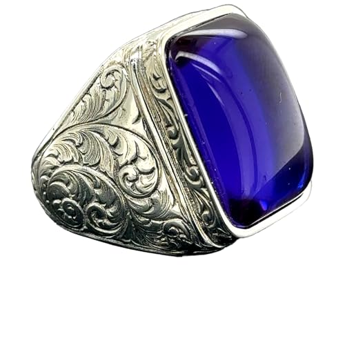 Men Blue Sapphire Stone Ring, Natural Sapphire Ring Engraved Silver Ring, Handmade TurkÄ±sh Ring, Ottoman Style Ring, 925k Sterling Silver Ring, Gift For Him