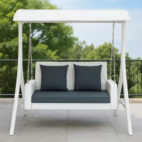 Image of Swing with Stand & Roof for Balcony, Garden | Weather Resistant Rattan & Wicker Porch Swing Double Seater | Outdoor Maharaja Jhula for Adults