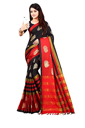 Image of OM SAI LATEST CREATION Soft Cotton & Silk Saree For Women Half Under 349 2020 Beautiful For Women saree free size with blouse piece (Black)