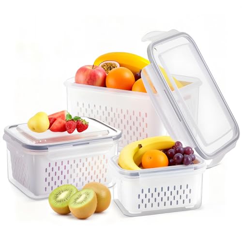 Set of 3 Fruit Storage Containers for Fridge with Removable Colanders, Fresh Food Storage Containers with Lids Airtight, Leakproof Fridge Organizer Bins for Salad Fruit Vegetables Meat Keeper Fresh