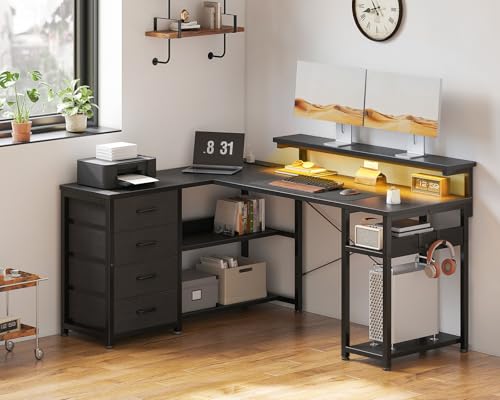 AODK ゲーミングデスク 引き出し4杯付き パソコンデスク コンセント付き l字デスク デスク 机 幅135*110 pcデスク 棚付き desk 収納 オフィスデスク 仕事用 在宅勤務 組立簡単 ブラック [3]