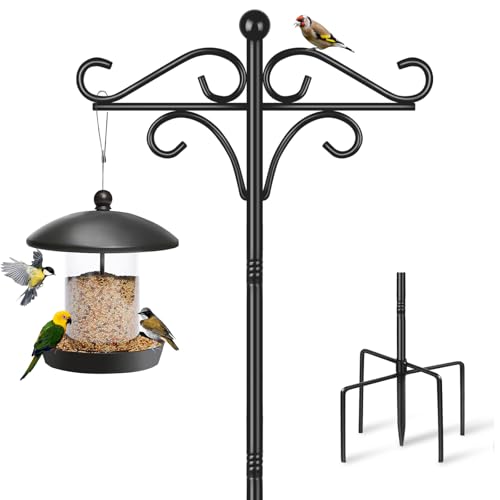 Support pour Mangeoire à Oiseaux sur Pied, 195 cm Environ 2 m, Réglable avec 2 Crochets, Double Support Autoportant Robuste pour Jardin, Lanterne Lumineuse, Suspension en Métal, Noir