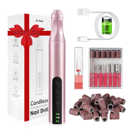 CGBE Torno para Uñas, Lima Eléctrica Uñas 20000 RPM Velocidad Ajustable, USB Recargable, Torno para Uñas Profesional Portátil para Uñas de Gel Acrílico, Rosa