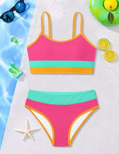 Image of Girls Bathing Suit Color-Block Adjustable Straps Bikini Sets Girls Two Piece Swimsuits with Chest Pad Swimwear 7-18T