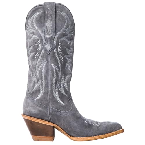 Womens Faux Suede Embroidered Cowboy Boots Pointed Toe Chunky Heel Cowboy Boots Pull On Womens Fashion Mid Calf Boots2