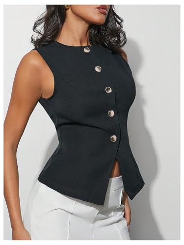 MakeMeChic Women's Vest Top Crew Neck Button Down Casual Blazer Vests Sleeveless Work Office Tops3