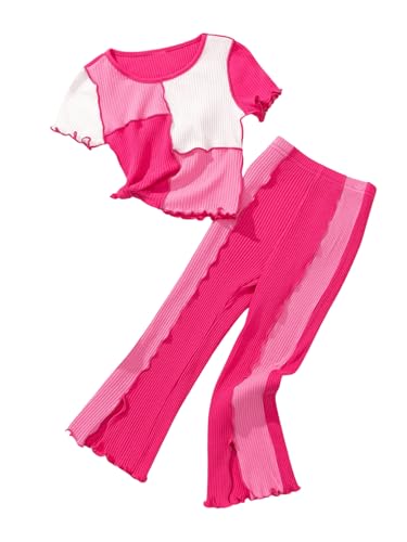 Image of Floerns Toddler Girl's 2 Piece Outfit Colorblock Short Sleeve Tee Shirts with Pants Set Hot Pink 5Y