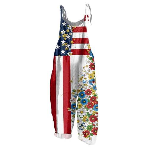NAMTYQX 4th of July 250th Linen Romper for Women Plus Size Fit Casual Star Flag Blue Printed Linen Jumpsuits High Waist Independence Day Wide Adjustable Bib Overalls