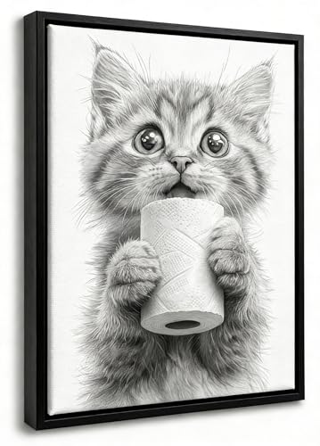 MKCIPJWC Black Framed Cat Bathroom Wall Art Black and White Animal Bathroom Wall Decor Toilet Paper in Little Cat Hand Canvas Print for Restroom 12x16 Inch