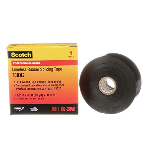 Image of 3M Scotch Linerless Electrical Splicing Tape 130C for Wires and Cables, 1-1 /2 in x 30 ft, Rubber Backing, Self Fusing, UV Resistance, Highly Conformable, Moisture Seal, Black, 1 Roll