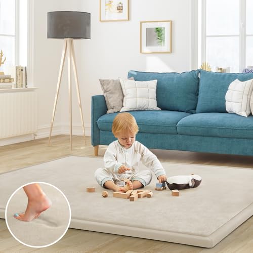 Image of Baby Play Mat for Floor Nursery Rug Muscle Mat Area Rug Playroom Rug 47 inchx47 inch Playpen Mat Elastic Foam 1.3 inch Thick Crawling Mat for Babies,Toddlers, Infants, Kids,A Beige